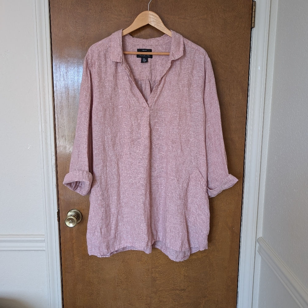 Tahari Pink Light Mauve Linen Popover Tunic Top Blouse